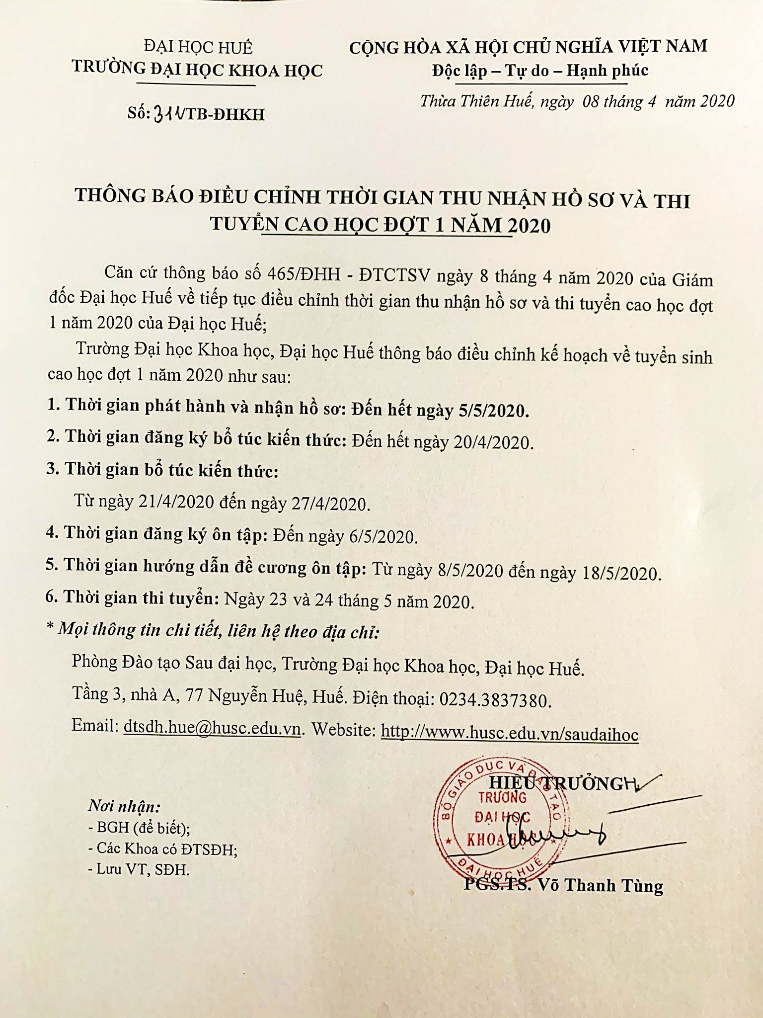 Thông báo gia hạn thời gian nộp và thi tuyển cao học đợt 1 2020